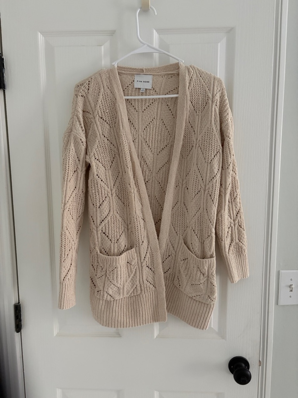 Pink Rose Beige Open-Front Knit Cardigan with Pockets